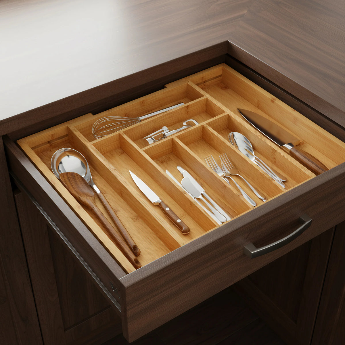 Bamboo Expandable Silverware Drawer Organizer, Adjustable Kitchen Utensil Tray for Forks, Spoons and Knives, Wood Storage Cutlery Holder for Bedroom and Living Room