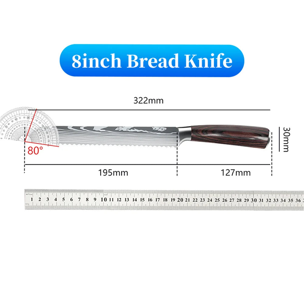 9 Types of Stainless Steel Kitchen Knife, Japanese Chef Knife, Meat Cleaver, Santoku, Bread, Boning, Slicing, Fruit Knife with Gift Box
