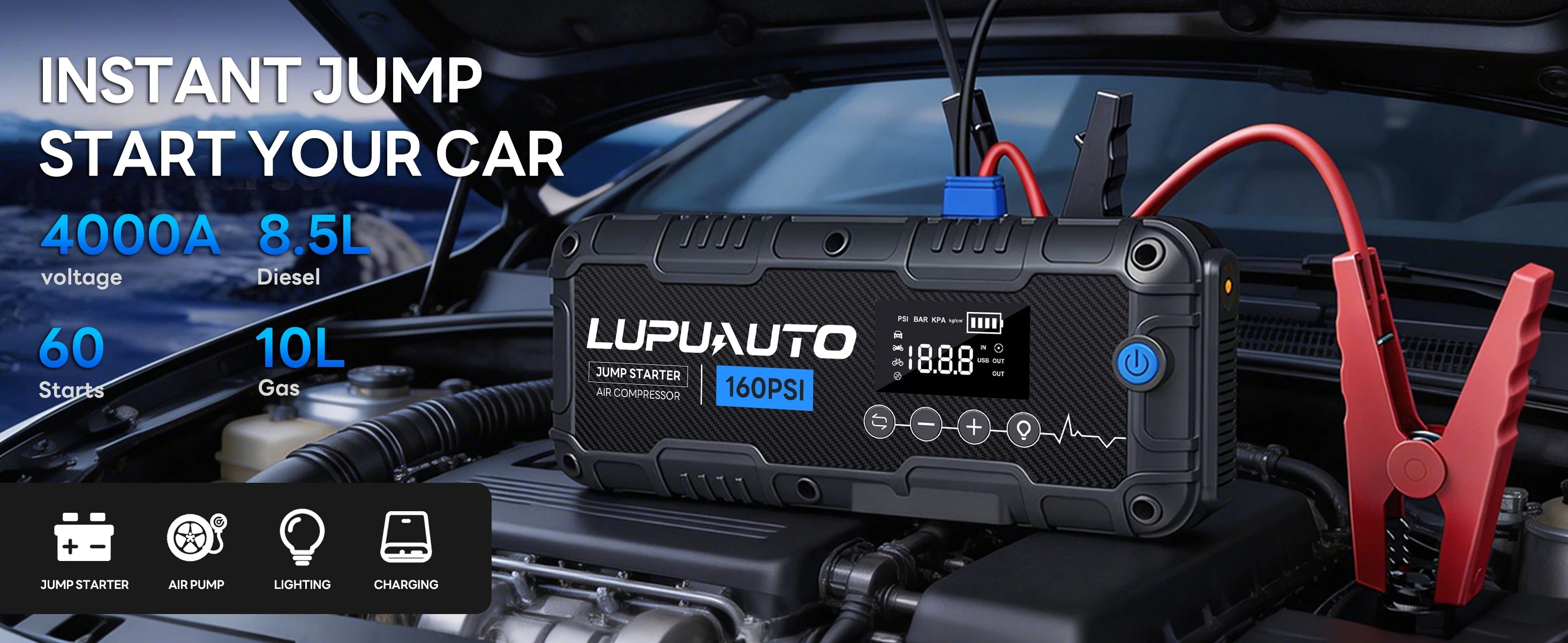 7000A Car Jump Starter With Air Compressor Booster Tyre Inflator Portable Car Battery Power Bank LED Flashlight Smart Cable