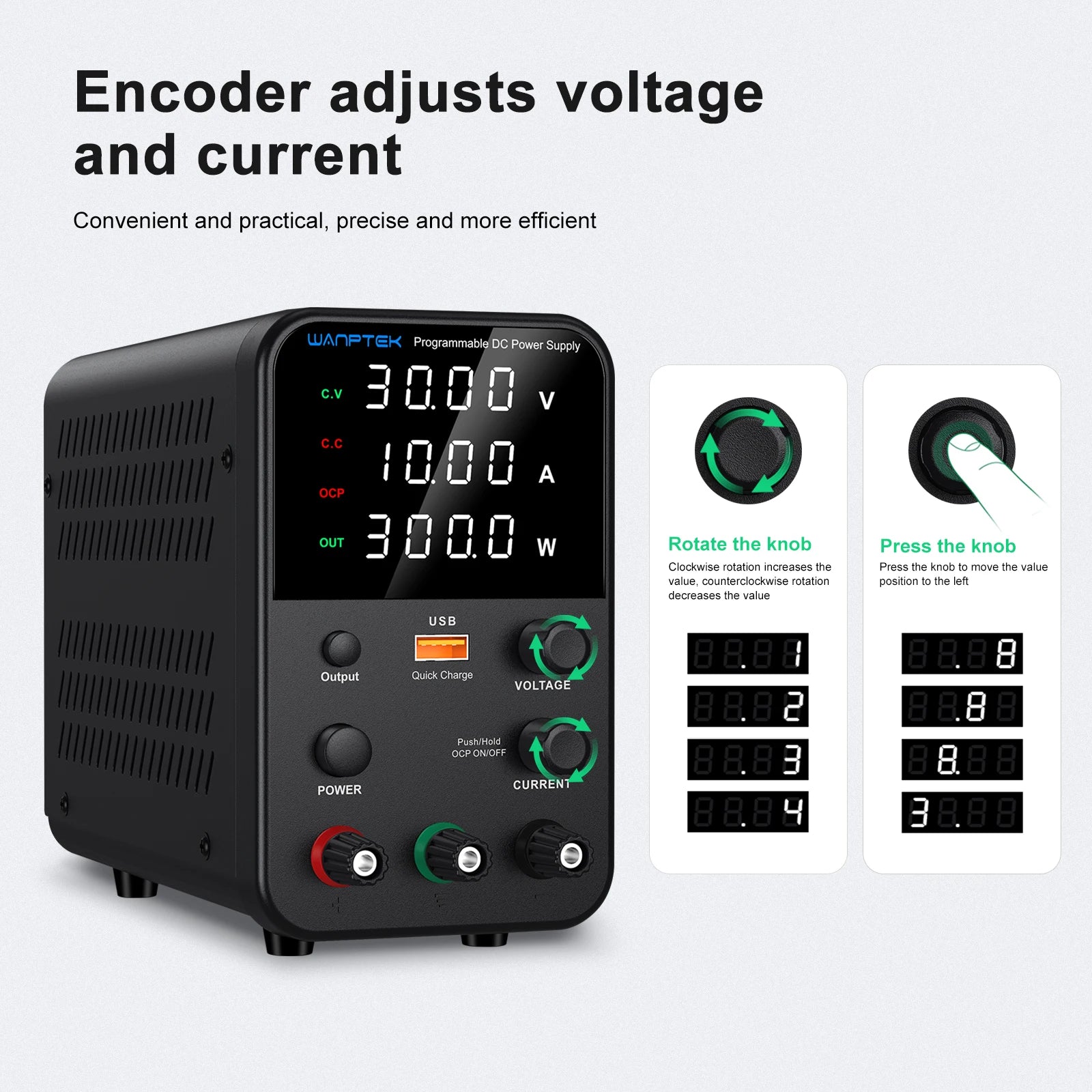 Wanptek Laboratory Power Supply 30V 5A 30V 10A 60V 5A 120V 3A Adjustable with USB fast Charging Bench DC Power Supply