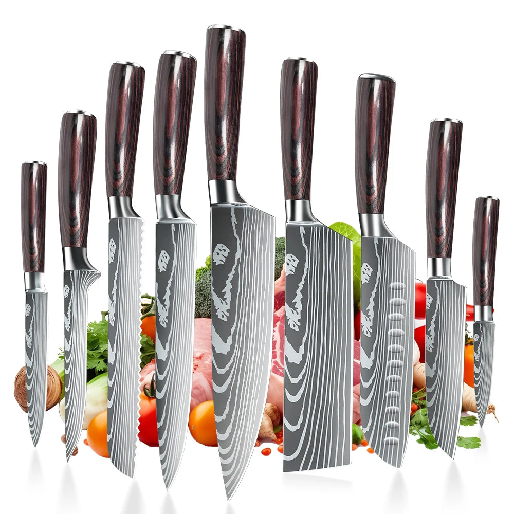 9 Types of Stainless Steel Kitchen Knife, Japanese Chef Knife, Meat Cleaver, Santoku, Bread, Boning, Slicing, Fruit Knife with Gift Box