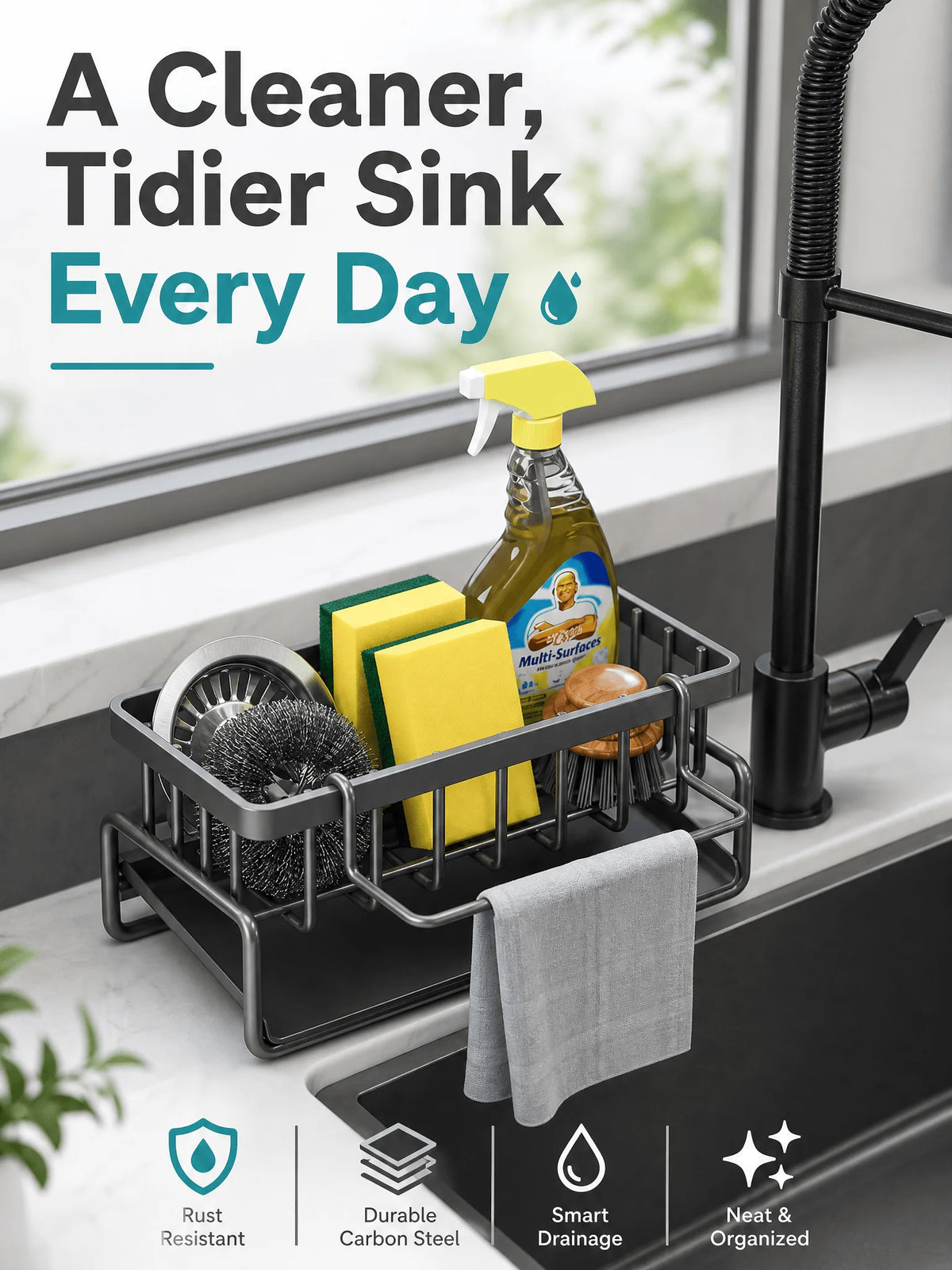 Kitchen Sink Organizer Carbon Steel with Tilted Water Tray Storage Rack for Sponge Brush 23×9×10cm