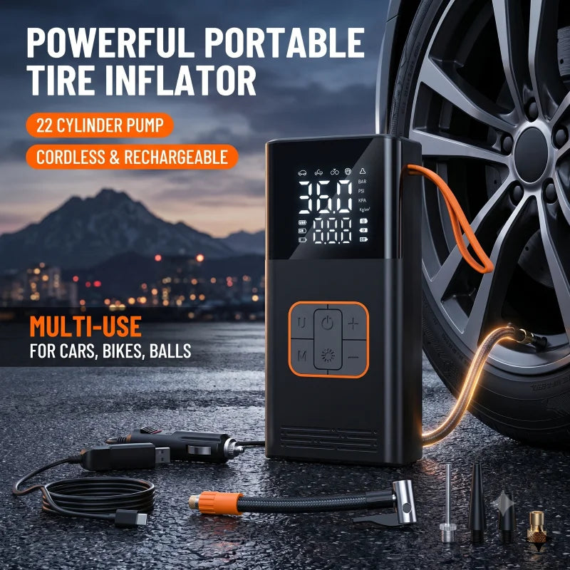 POWNYM Cordless Portable Tire Air Pump, 150PSI Wireless Inflator with Pressure Gauge & LED Light, Multi Adapters, Jump Starter for Auto Bike & Inflatable Balls