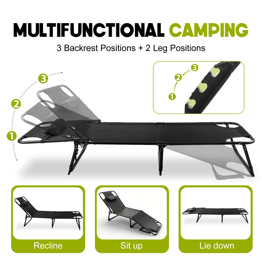 56cm Adjustable Folding Camping Lounge Chair with Removable Soft Cushion, 3 Position Reclining Portable Beach Tanning Chair, Heavy Duty 330 LBS Fold Up Outdoor Chaise Lounge for Pool Patio Office Napping Indoor & Backyard