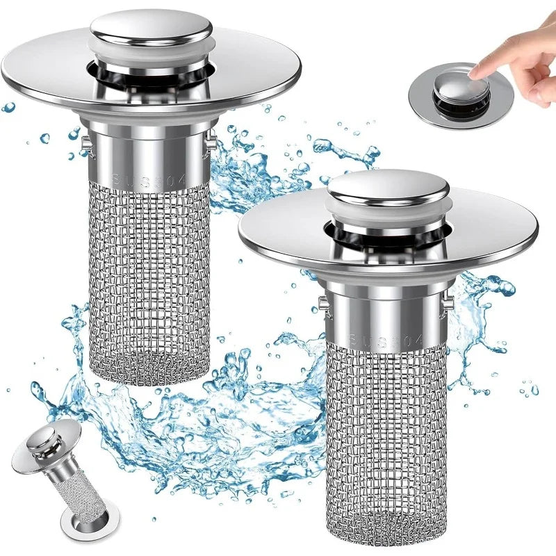 Universal 304 Stainless Steel Bathroom Sink Drain Stopper Pop-Up Hair Catcher Filter Anti-odor Anti-Clog Basin Plug