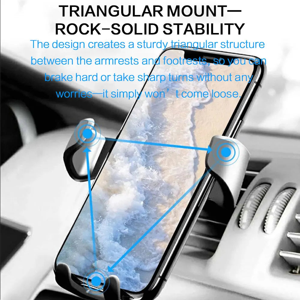 Heavy Duty Gravity Car Phone Mount Air Vent Clip Universal Shockproof Anti Shake Mobile Phone Holder One Hand Quick Pick Place Strong Grip Cradle Stand For Samsung Android Smartphone 360 Rotation Adjustable Easy Installation