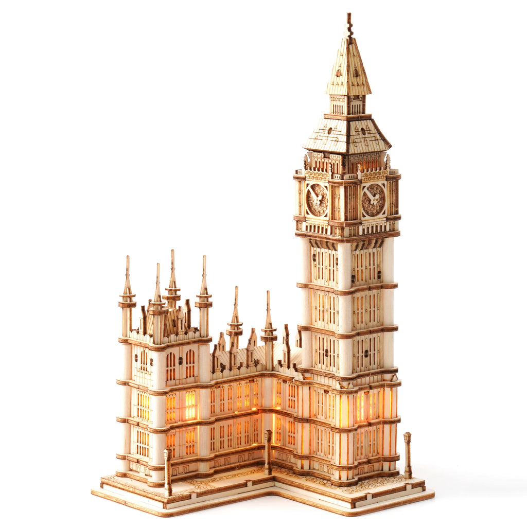 Rolife DIY Wooden 3D Puzzle Big Ben Model Building Kit Brain Teaser Puzzle Toy with LED Light for Home Decor Gifts for Adult Kid