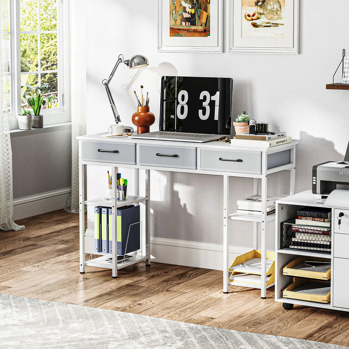 47" Computer Desk with 3 Fabric Drawers, Home Office Desk with Adjustable Shelves, Small Writing Desk with Storage, White