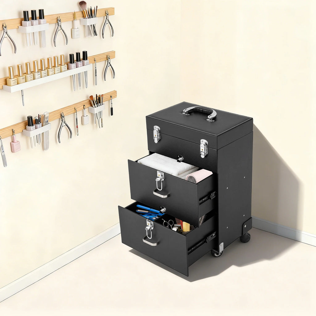 Rolling Makeup Train Case with Wheels, Professional Cosmetic Trolley Lockable Storage, 3-Layer Large Capacity Travel Organizer