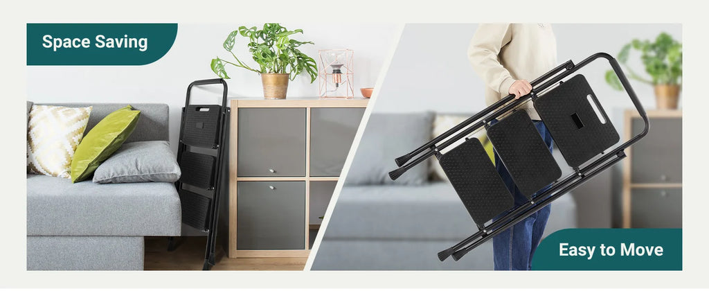 JHK Folding 2/3 Step Ladder Stool with Anti-Slip Pedal 800lbs Capacity Sturdy Steel Portable Cushioned Handle for Kitchen Home