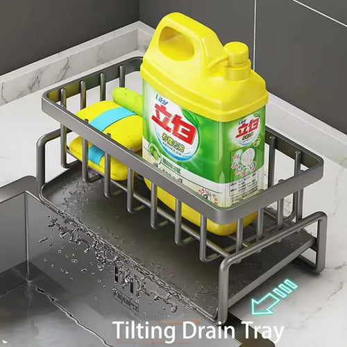 1-Pack Kitchen Sink Organizer Caddy - Metal Storage Rack with Drain Tray , Corner Smooth Design to Keep Sink Area Tidy & Dry