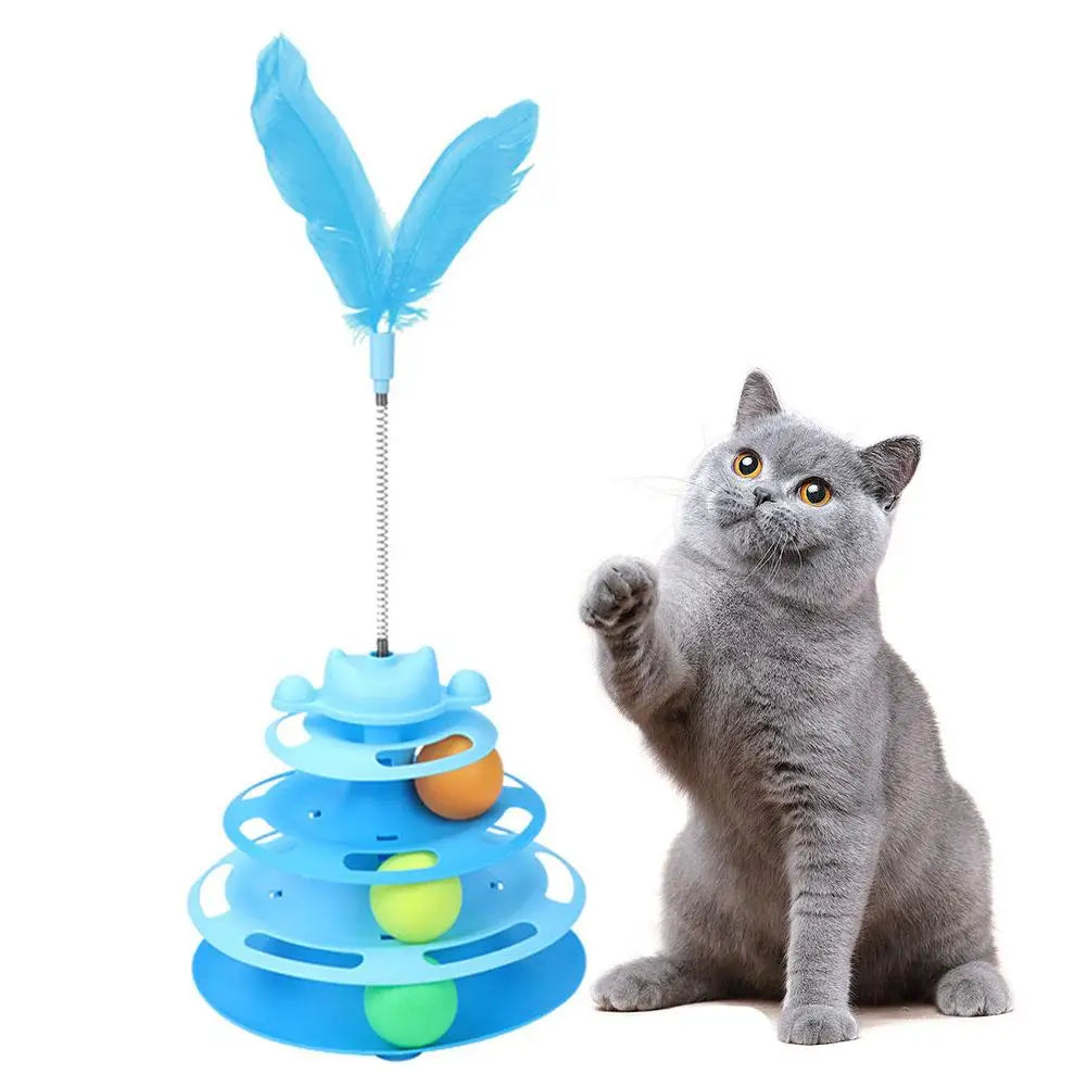 Pattern Feather Cat Toy, Three-layer Rotating Tower with Ball, Indoor Cat Interactive Fun&Christmas, New Year Pet Toys