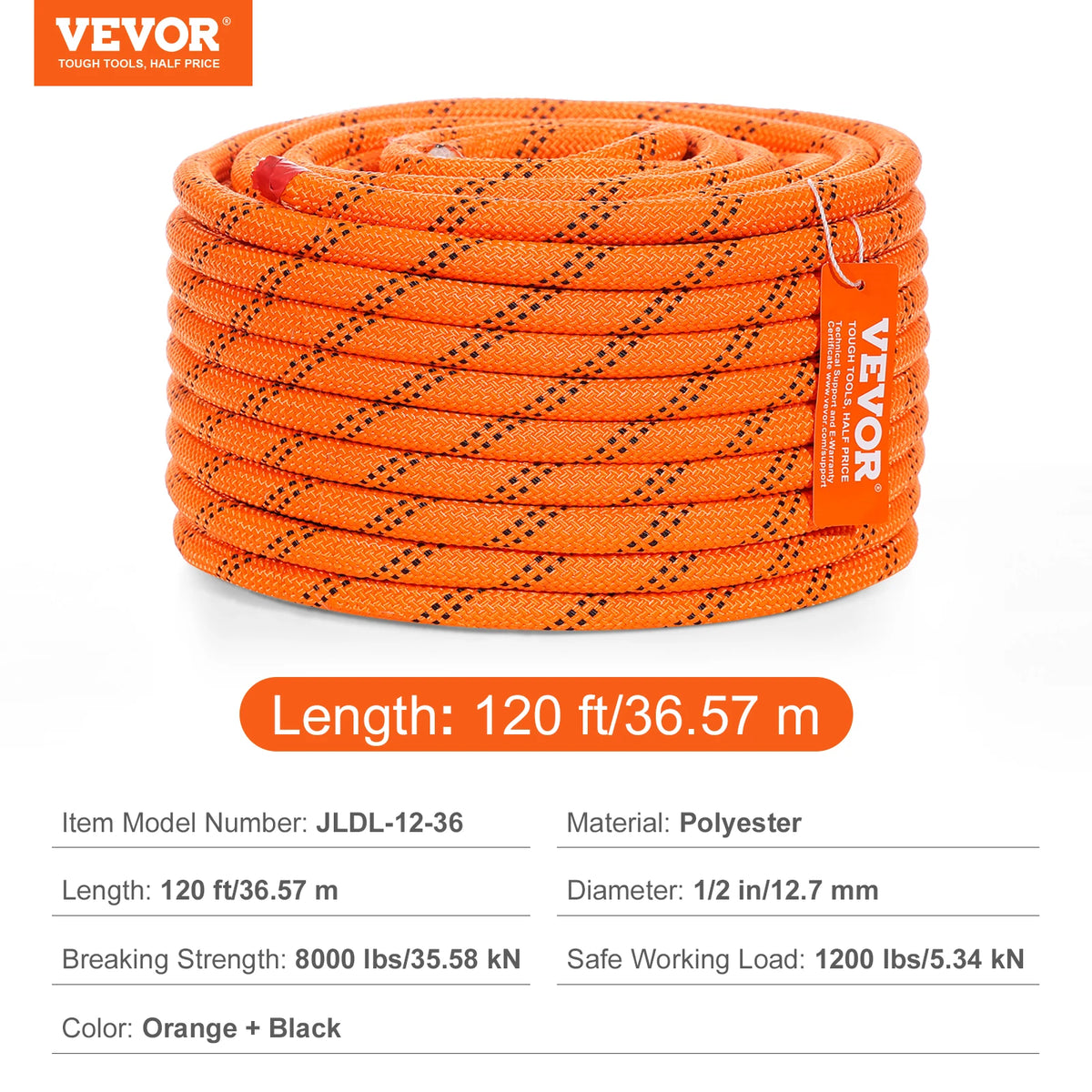 SucceBuy 120ft Dual-Weave Polyester Cord 3/8 1/2in 48-Strand Multi-Use Rope for Arborist Activities Outdoor Adventures