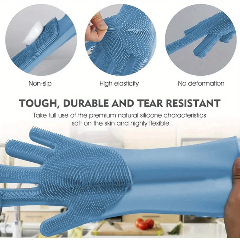 Multi-Surface Blue Silicone Cleaning Gloves (31×16cm) - Scrubber Bristles for Kitchen, Bathroom & Car Cleaning