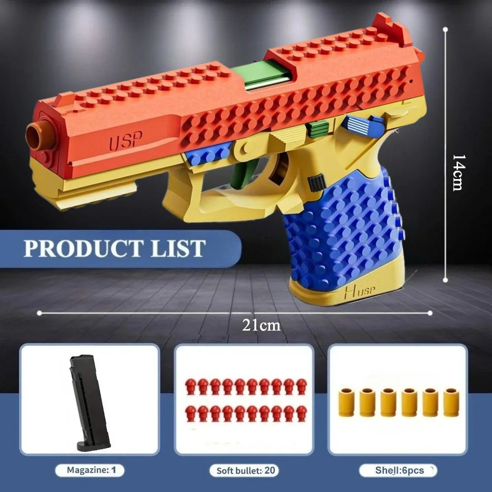SIG17/USP Building Block Toy Gun Shell Throwing Continuous Firing Airsoft Blowback Empty Hanging Toy Pistol for Outdoor CS Game