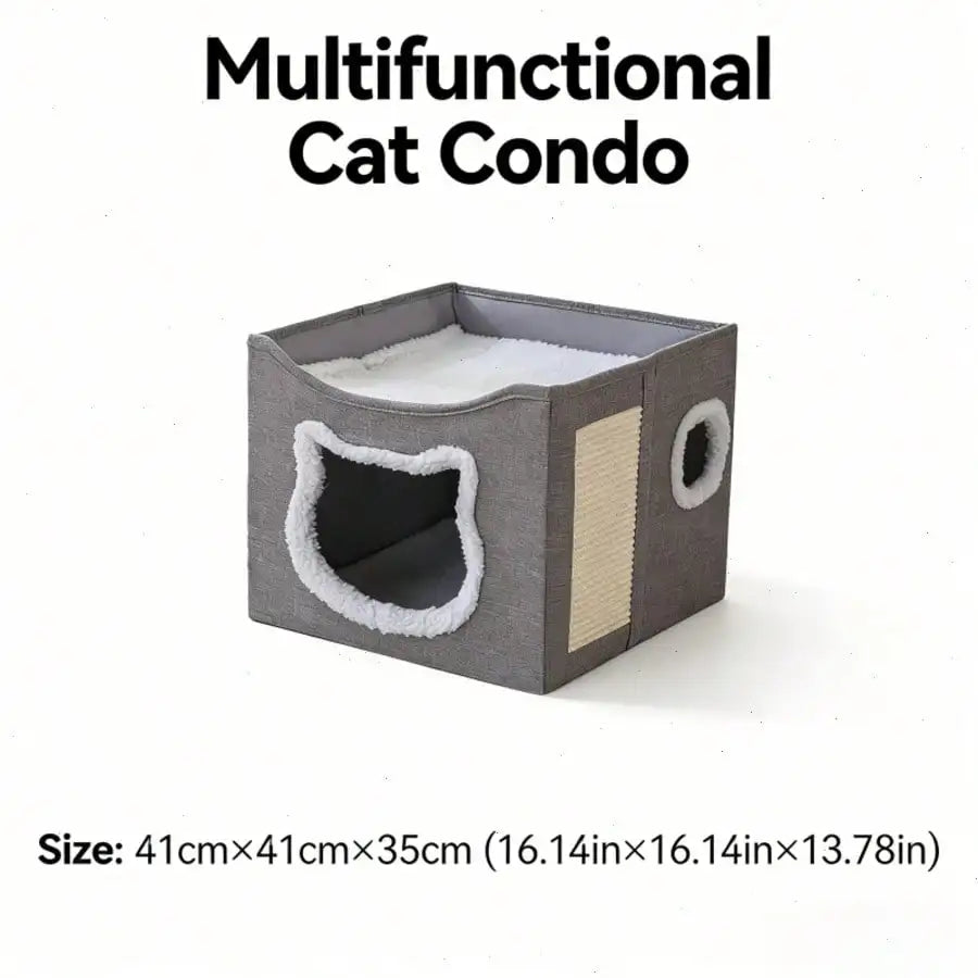 4-Season Multi-Level Cat House: Foldable Indoor Play Cube with 2-Layer Bed, Toy Tunnel, Scratching Board, Climbing Rope, Soft Cushions, and Non-Slip Base - Perfect Cat Cave & Warm Bed for Small to Large Cats (Grey）