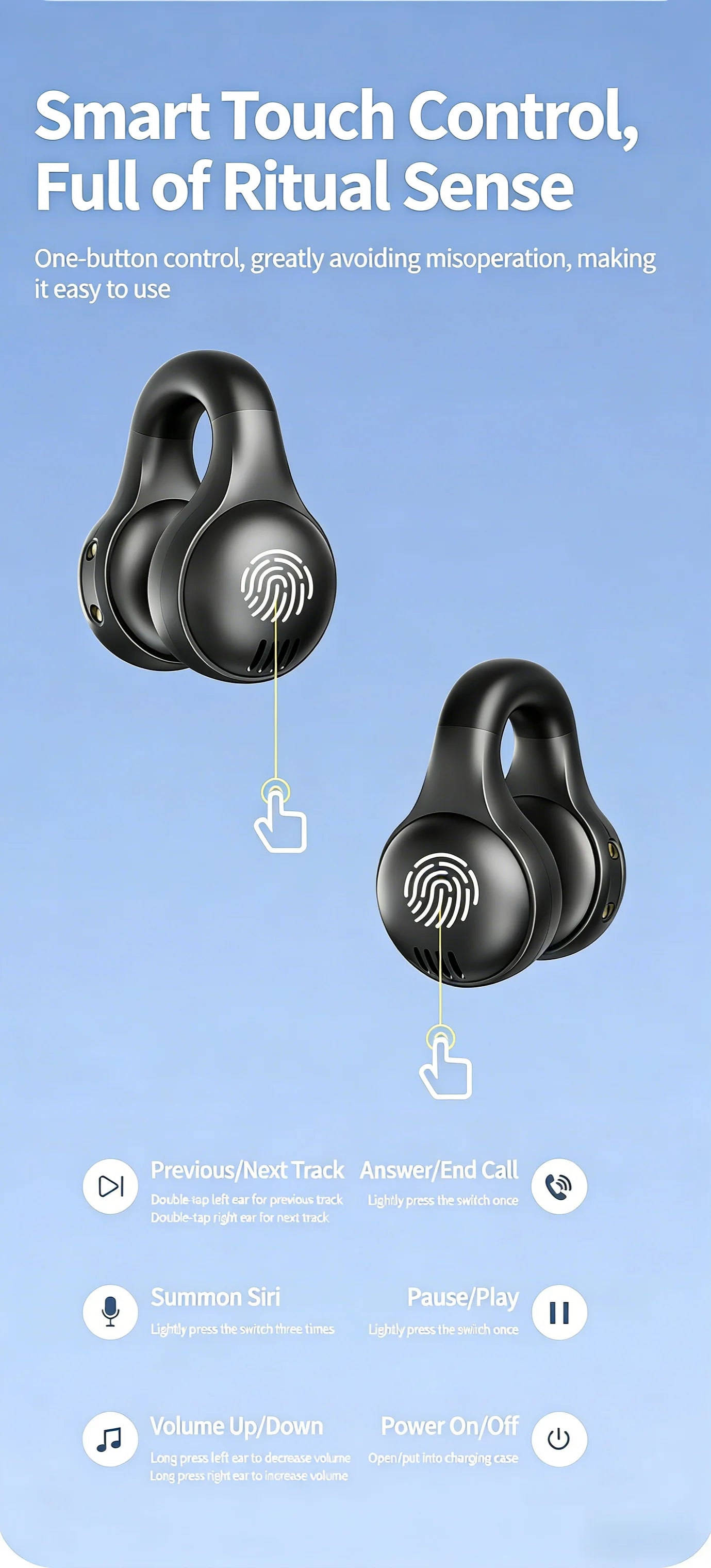 Sports Bluetooth Ear Clip Headphones LED Mirror Screen, HiFi Lossless Sound, Noise Cancelling, Soft Silicone Comfort Earphones