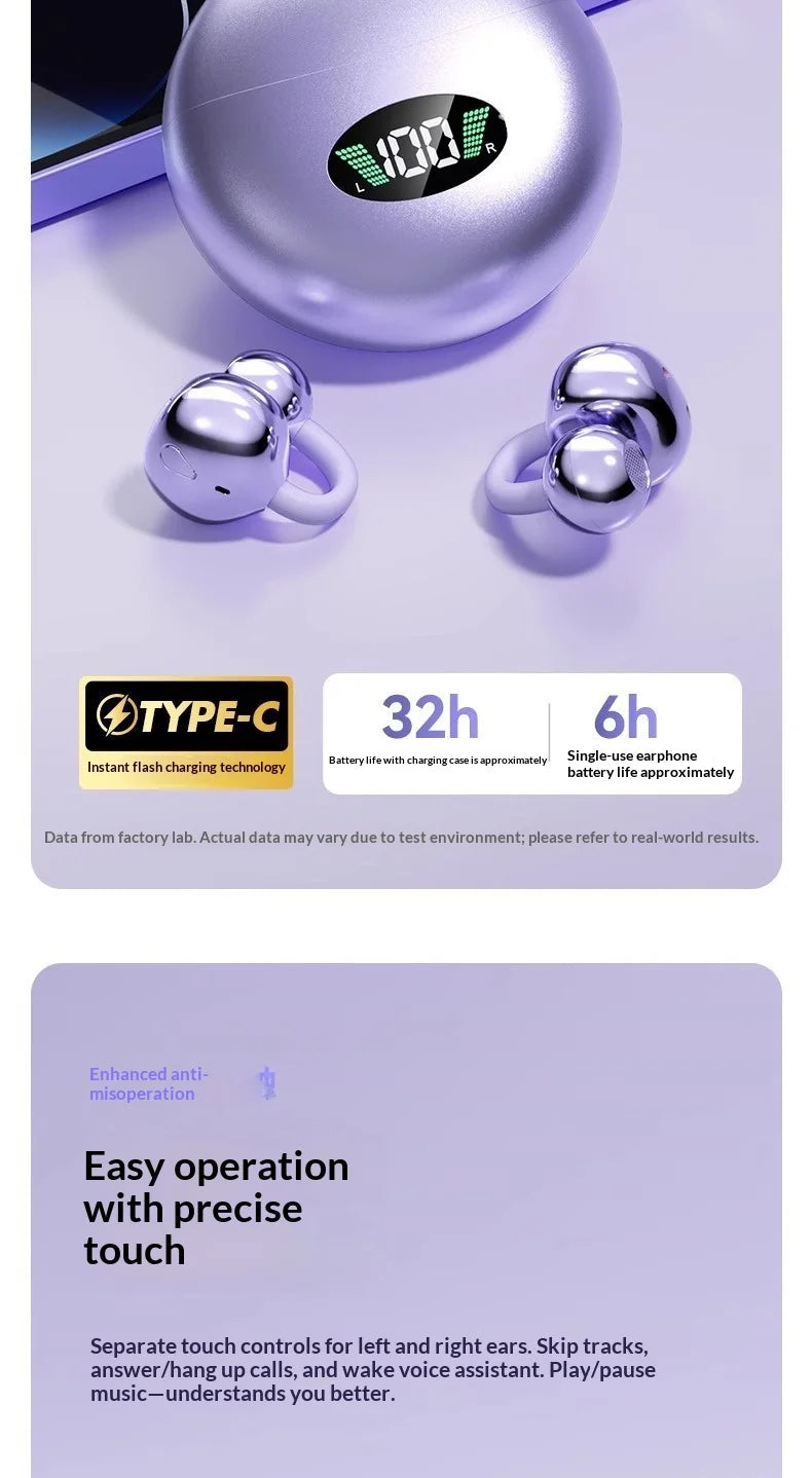 Premium Wireless Bluetooth Earbuds Clip-on Earphones Sound Quality Long Battery Life Perfect for Sports Headphones With Mic