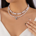 Rinhoo Double Layer Imitation Pearl Choker Necklace for Women Elegant Heart Pendant Necklace Versatile Jewelry Gift