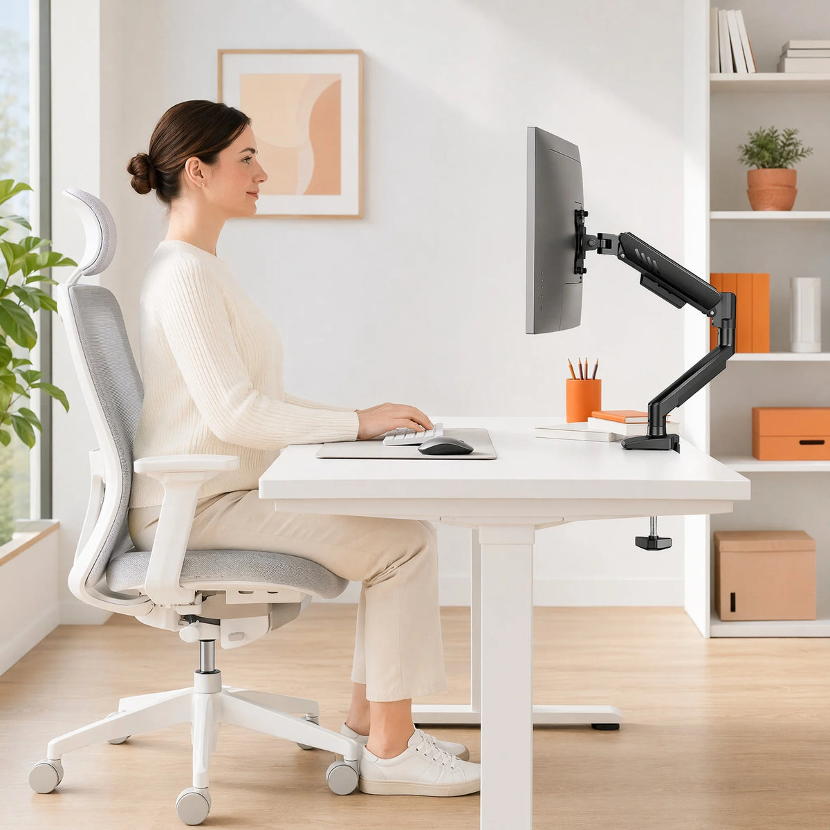 Single Monitor Arm 13-34 Inch, Adjustable Gas Spring Arm, Monitor Desk Mount for 4.4-19lbs, VESA 75/100mm with C-Clamp/Grommet Base, Ergonomic Stand for Work/Gaming