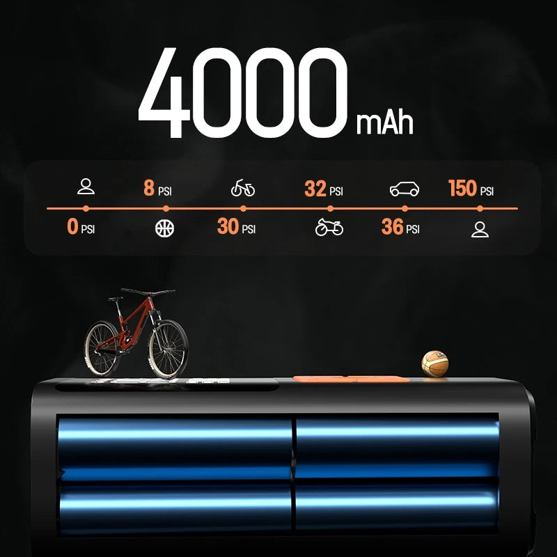 3-in-1 Portable Air Compressor & Tire Inflator, 150 PSI, Emergency Power Bank & LED Light, USB-C Rechargeable, Suitable for Car