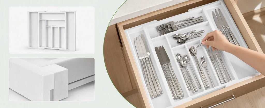 Bamboo Expandable Drawer Organizer for Utensils Holder, Adjustable Silverware Organizer Cutlery Tray, Drawer Dividers for Utensils, Flatware, Knives in Kitchen, Bedroom, Living Room