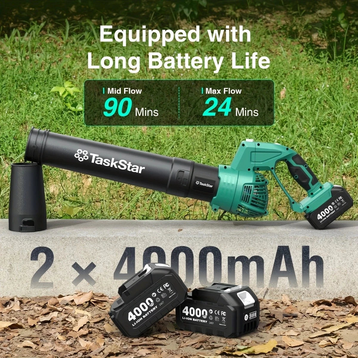 Taskstar Leaf Blower for Lawn 550CFM Electric Cordless Small Blower with Swivel Head, 2*4000mAh Battery & Charger 21V Airblower for Clean Car Patio Yard, Blowing Leaves / Dust Removal