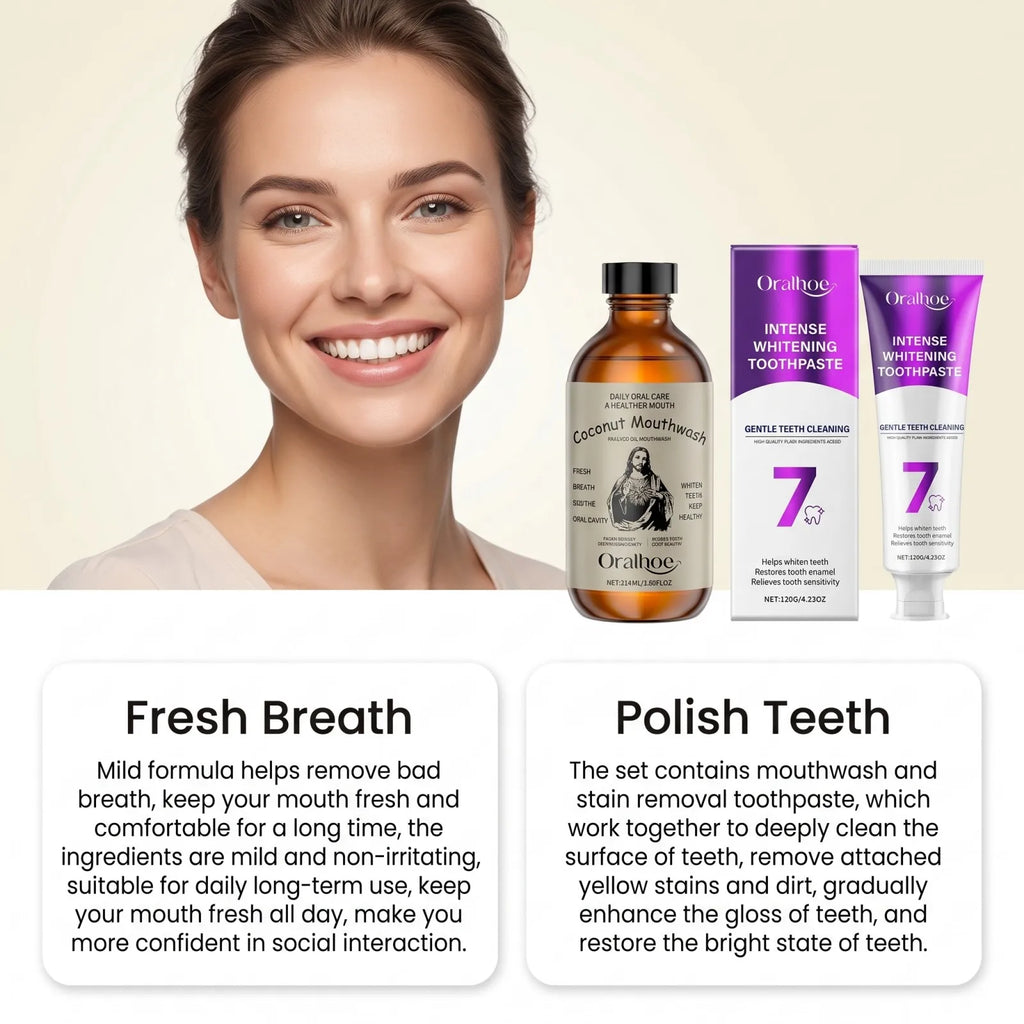 Oralhoe BrighteningToothpaste & Pulling Oil Mouthwash Set Stain Removal Fresh Breath Enamel Care Deep Clean for Daily Oral Care