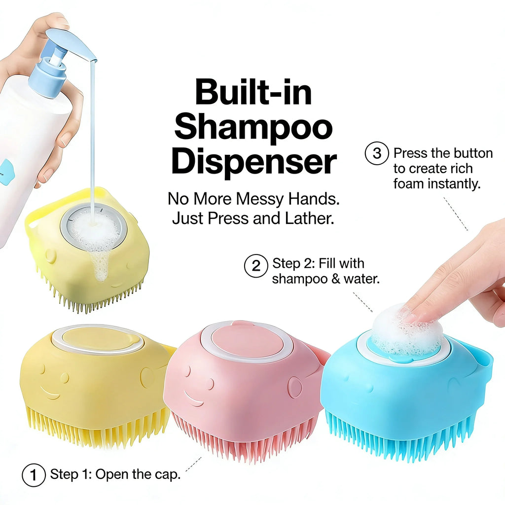 2-In-1 Pet Bath & Massage Brush With Shampoo Storage Silicone Dog Cat Grooming Tool For Puppy Kitten Sensitive Skin