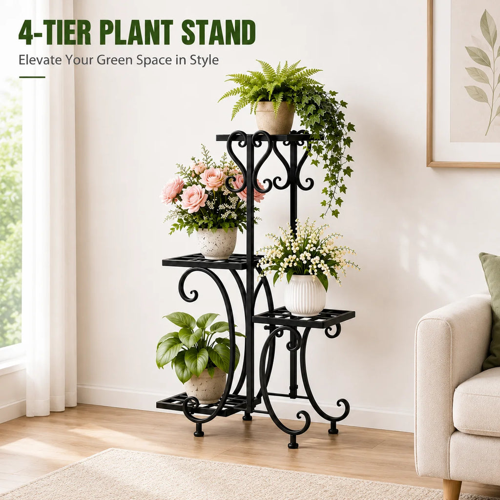 4 Tier Corner Plant Stand Metal Flower Pot Shelf Indoor Outdoor Plant Rack Space Saving Vertical Plant Shelf for Living Room Balcony Patio Garden