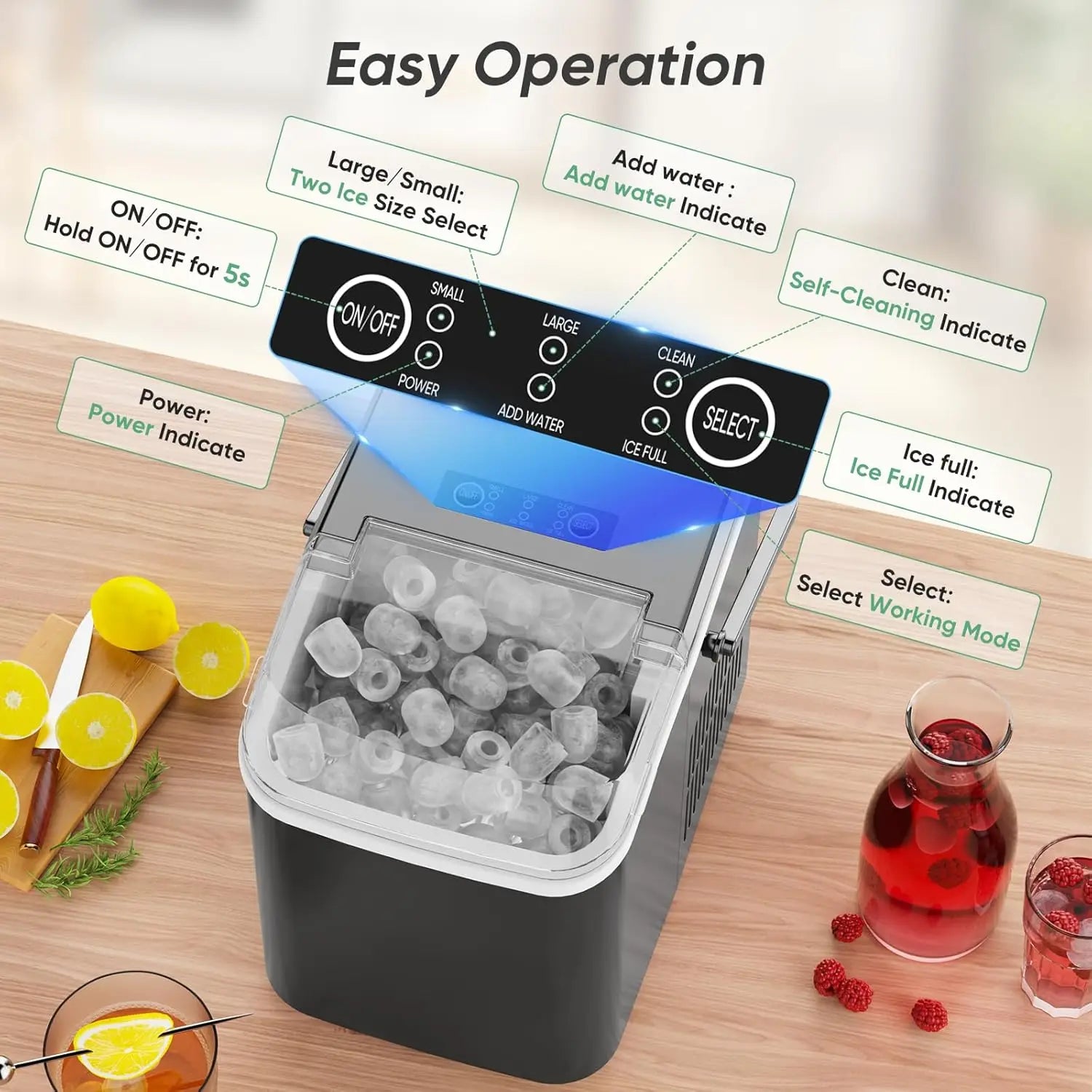Portable Countertop Ice Maker, 26lbs/24H, 9 Cubes in 6 Mins, Self-Cleaning, Quiet for Home Kitchen RV Camping - Nexvibe