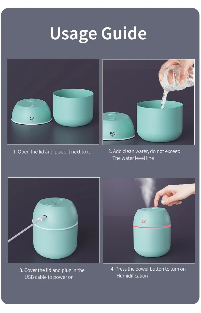 250ML Mini USB Air Humidifier Aroma Diffuser Essential Oil Cool Mist Maker RGB LED Night Light Quiet for Home Car Office Bedroom