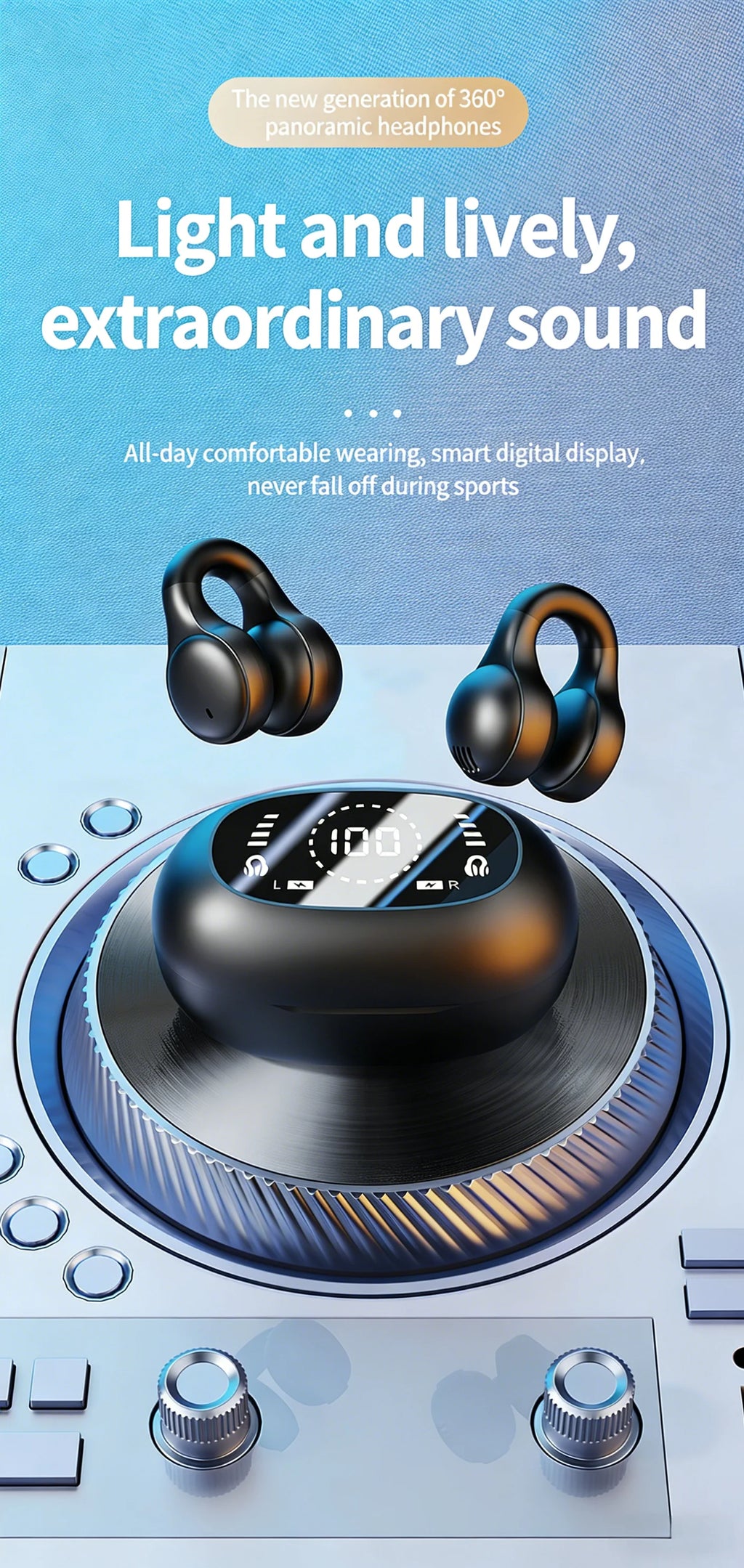 Sports Bluetooth Ear Clip Headphones LED Mirror Screen, HiFi Lossless Sound, Noise Cancelling, Soft Silicone Comfort Earphones