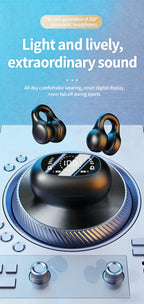 Sports Bluetooth Ear Clip Headphones LED Mirror Screen, HiFi Lossless Sound, Noise Cancelling, Soft Silicone Comfort Earphones