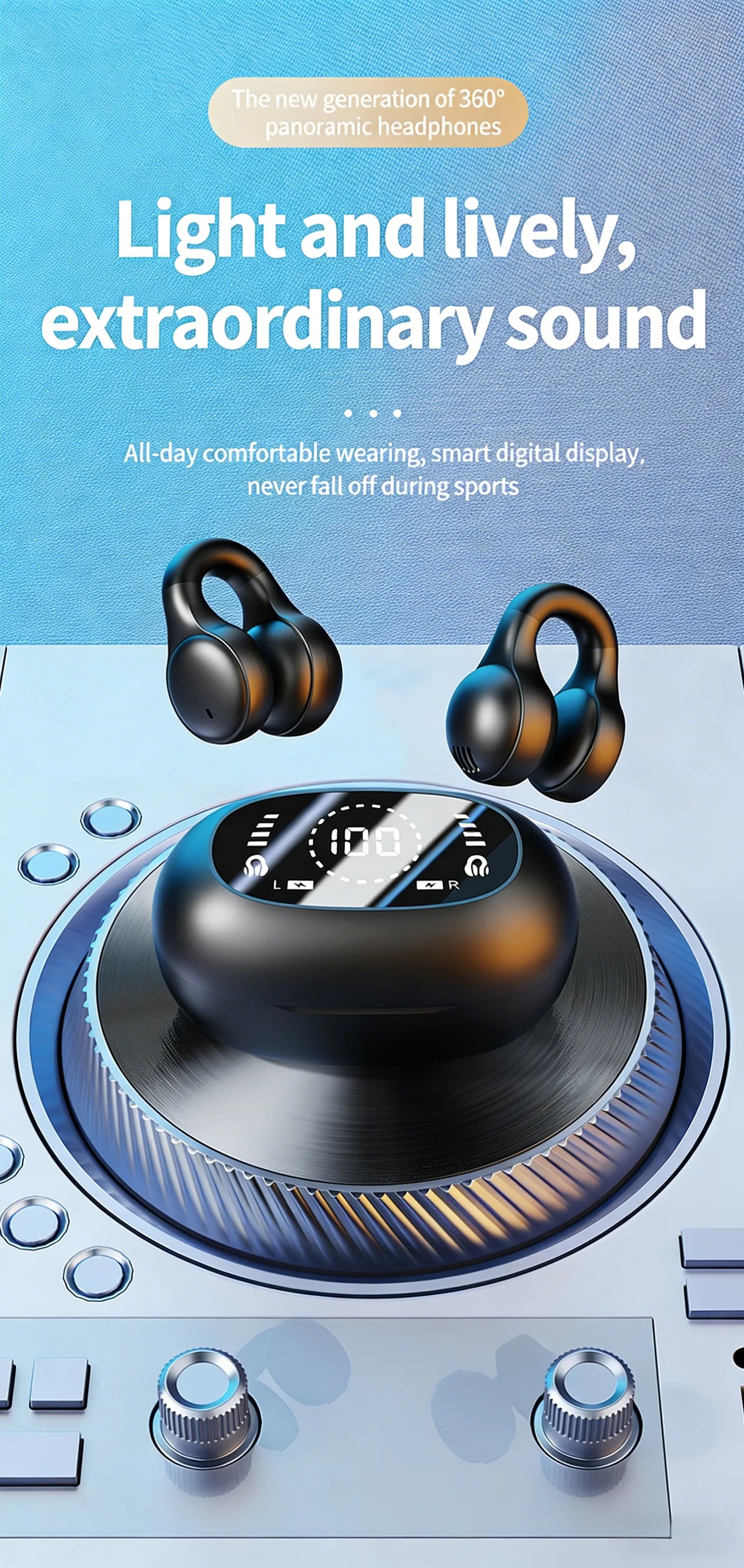 Sports Bluetooth Ear Clip Headphones LED Mirror Screen, HiFi Lossless Sound, Noise Cancelling, Soft Silicone Comfort Earphones