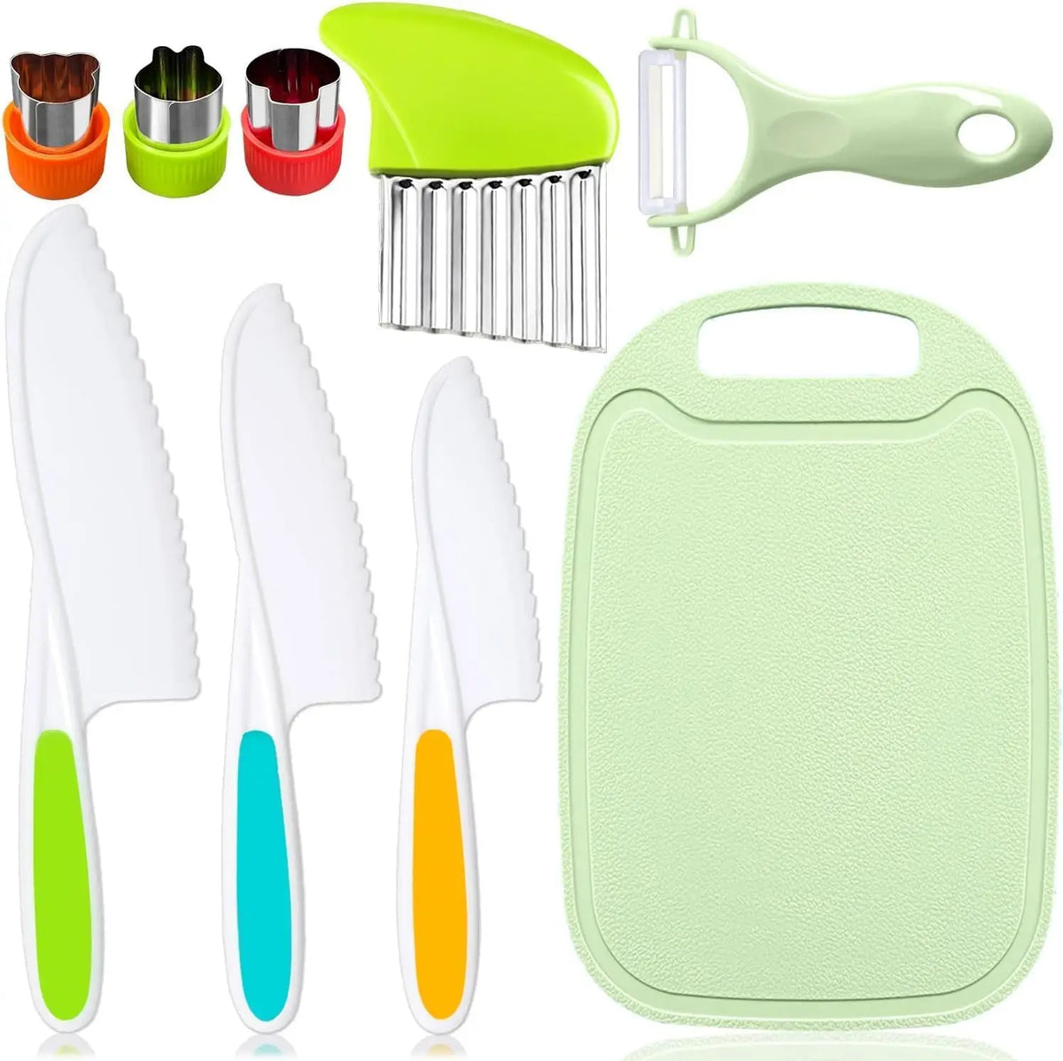 9 Pcs /13 Pcs Kids Kitchen Knife Set, Kids Knives For Real Cooking With Cutting Board, Y Peeler, Crinkle Cutter, Sandwich Cutter, Serrated Edges Plastic Toddler Knife Kid  Knives