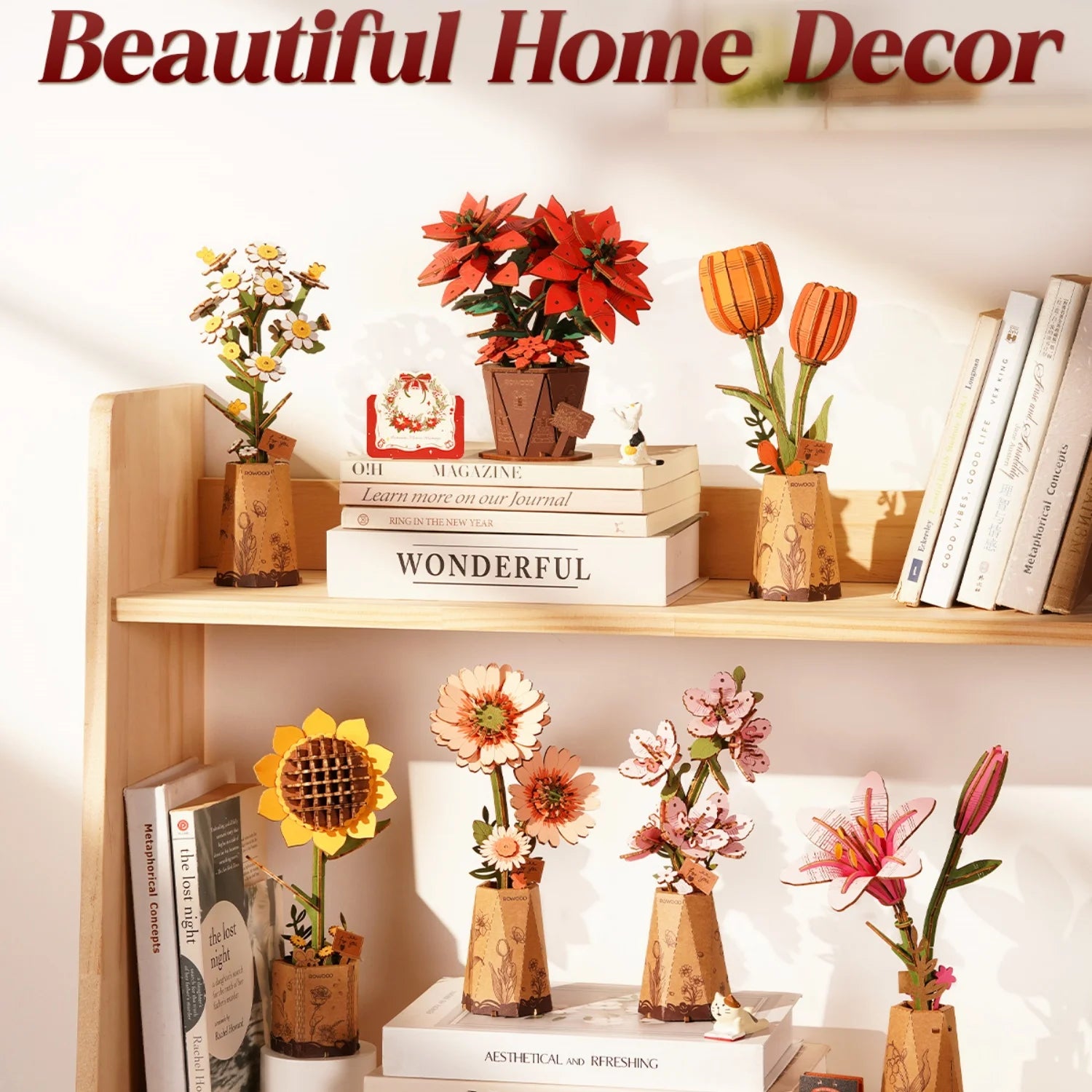 Rolife Artificial Flower Wooden 3D Puzzle Poinsettia DIY Model Building Kit for Home Decor Mother's Day Valentine's Day Gifts