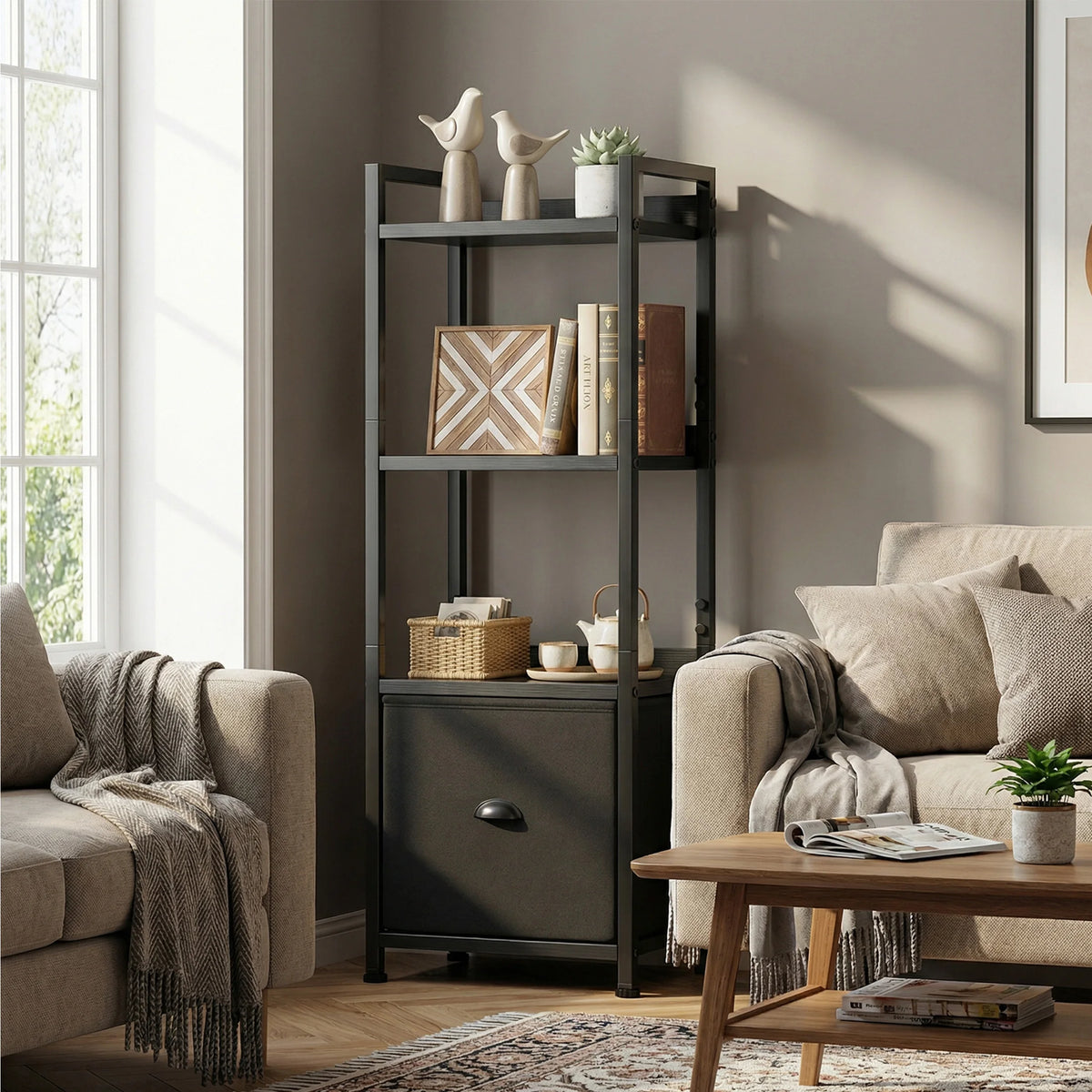 MCQ 4 Tiers Metal Classic Bookshelf with Fabric Drawer Freestanding Tall Display Shelf Storage Shelves Bookshelf Sturdy Structure Graduated Shelves for Home