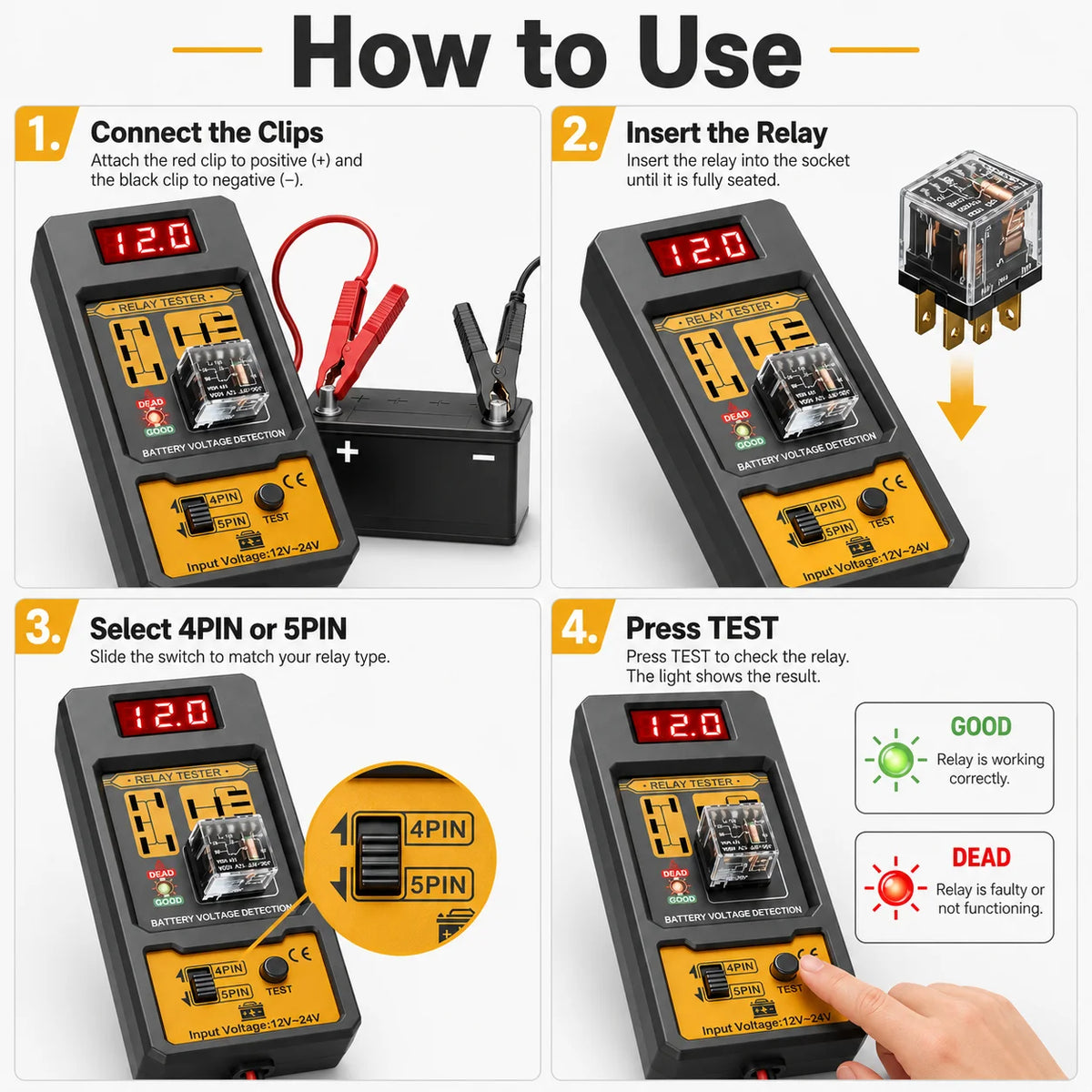 12V 24V Car Relay Tester, Automotive Electrical Diagnostic Tool with Digital Display, Test Button and Alligator Clips