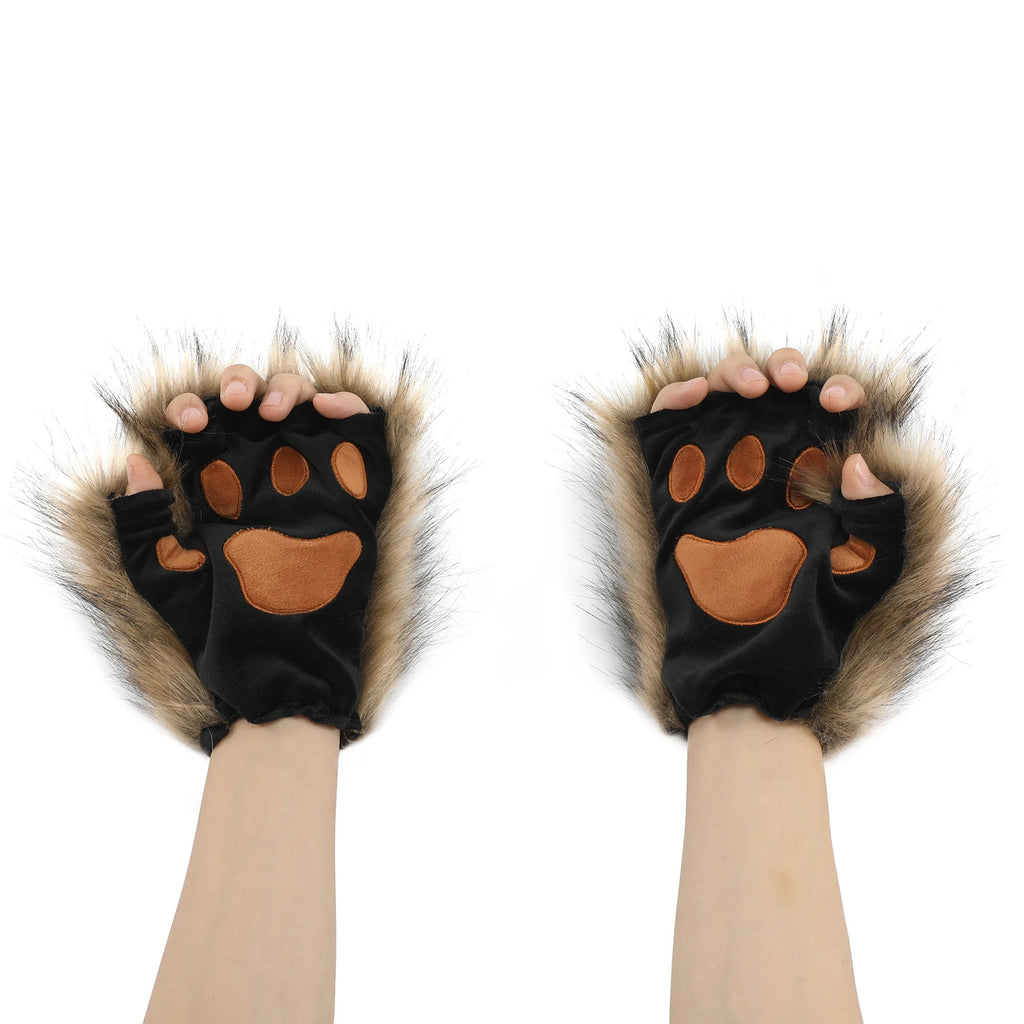 Wolf Paw Gloves Faux Fur Cat Fingerless Mittens Winter Warm Cosplay Halloween Fancy Party Costume Accessories