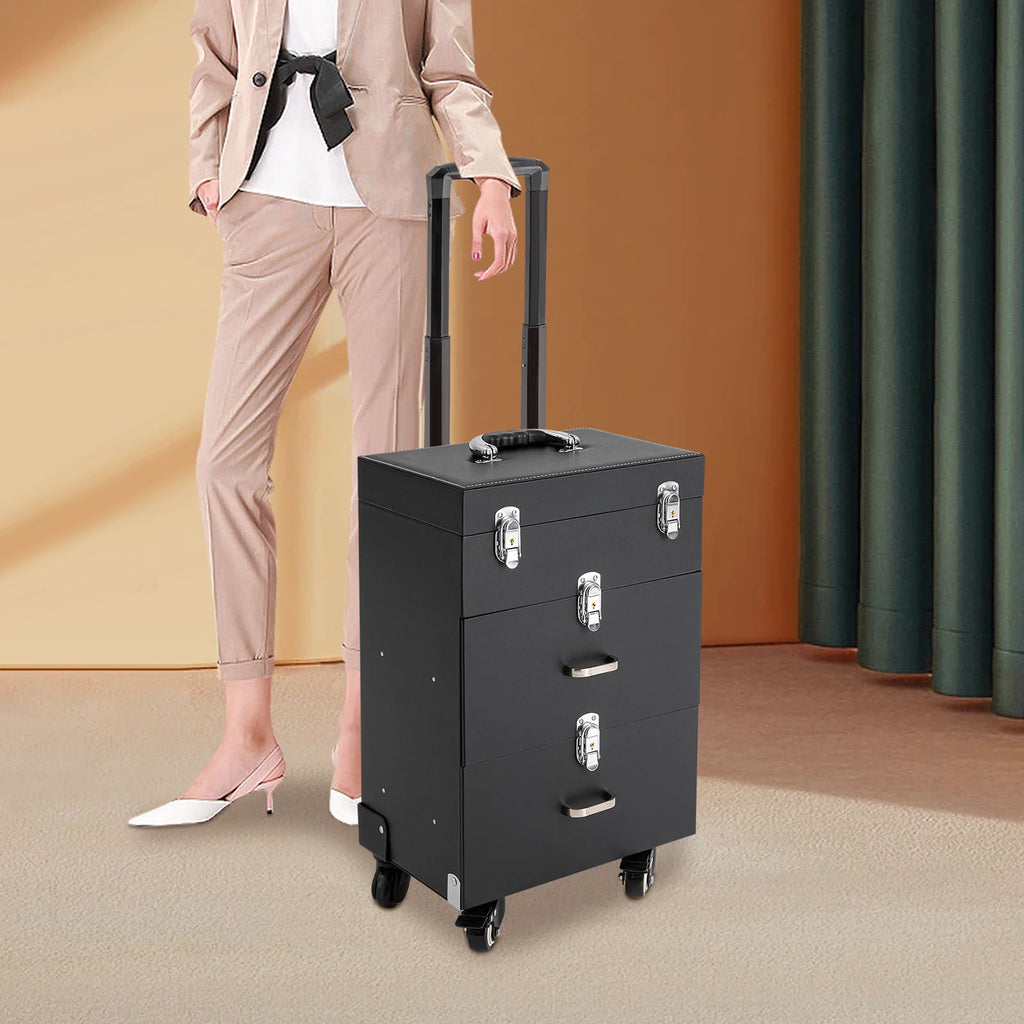Rolling Makeup Train Case with Wheels, Professional Cosmetic Trolley Lockable Storage, 3-Layer Large Capacity Travel Organizer
