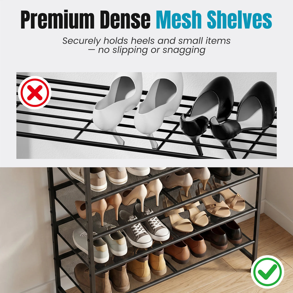 JHK 5-Tier Metal Shoe Storage Cabinet Free Standing Storage Organizer Holds 16-20 Pairs for Closet Shoe Storage Shelf with Adjustable Mesh Shelves and Wooden Top for Space Saving Cabinet Home