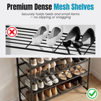 JHK 5-Tier Metal Shoe Storage Cabinet Free Standing Storage Organizer Holds 16-20 Pairs for Closet Shoe Storage Shelf with Adjustable Mesh Shelves and Wooden Top for Space Saving Cabinet Home