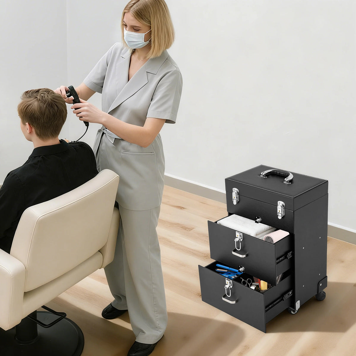 Rolling Makeup Train Case with Wheels, Professional Cosmetic Trolley Lockable Storage, 3-Layer Large Capacity Travel Organizer