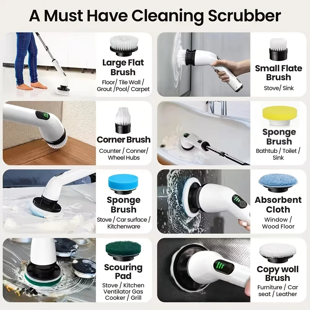 9-in-1 Electric Rotating Cleaning Brush with Telescopic Handle 8 Brush Heads USB Rechargeable for Home Car Christmas Gift