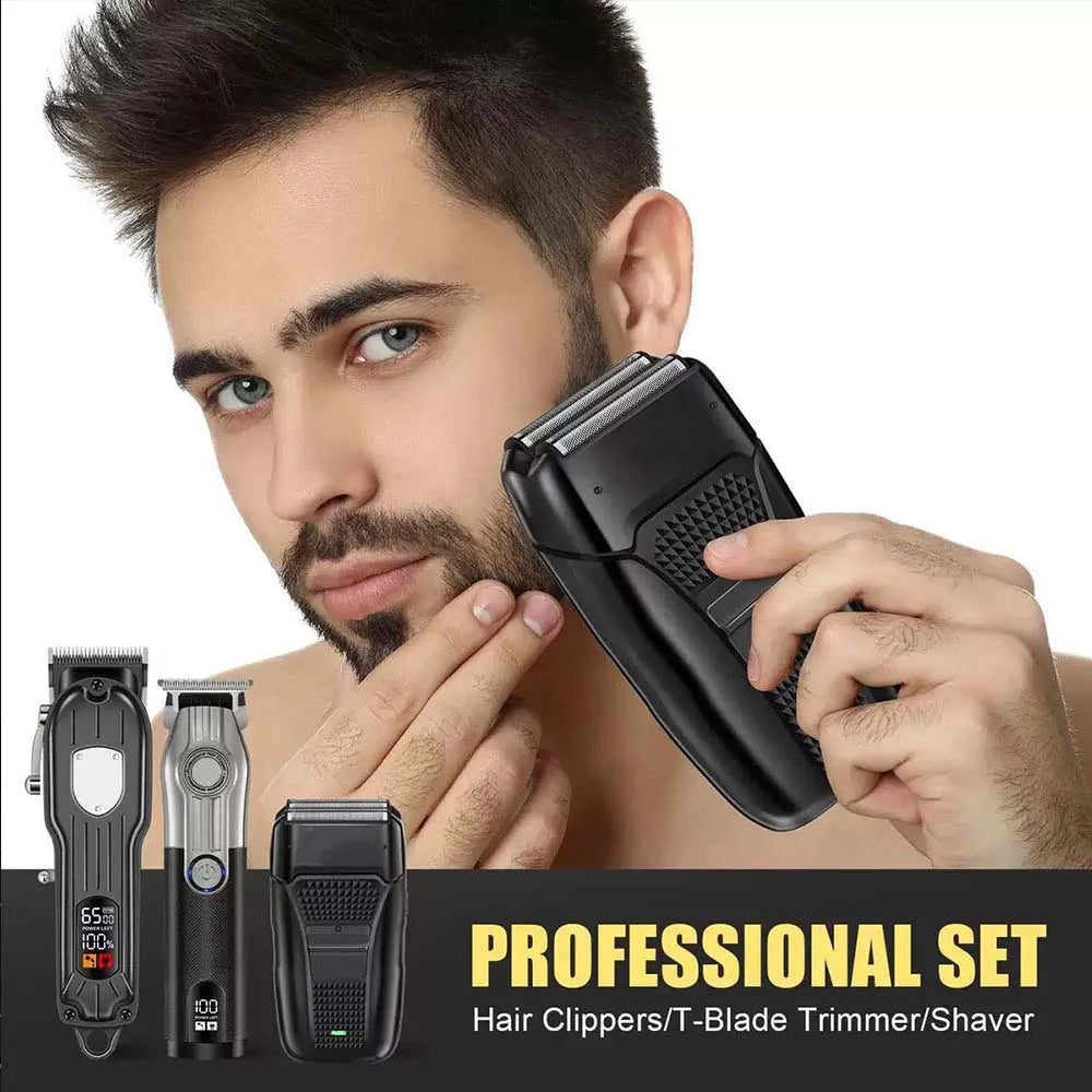 Professional Hair Clipper Set for Men, Cordless Haircut Kit with LED Display, 3-in-1/2-in-1/1pc  rechargeable Hair Clipper & T-Blade Trimmer & electric shaver, Barber Zero-Gapped Detailer, DIY Grooming Tools with Scissors, Co