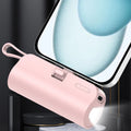 Mini portable 5000mAh power bank with built-in cable charging port, built-in LED lighting lamp, and built-in stand function