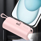 Mini portable 5000mAh power bank with built-in cable charging port, built-in LED lighting lamp, and built-in stand function