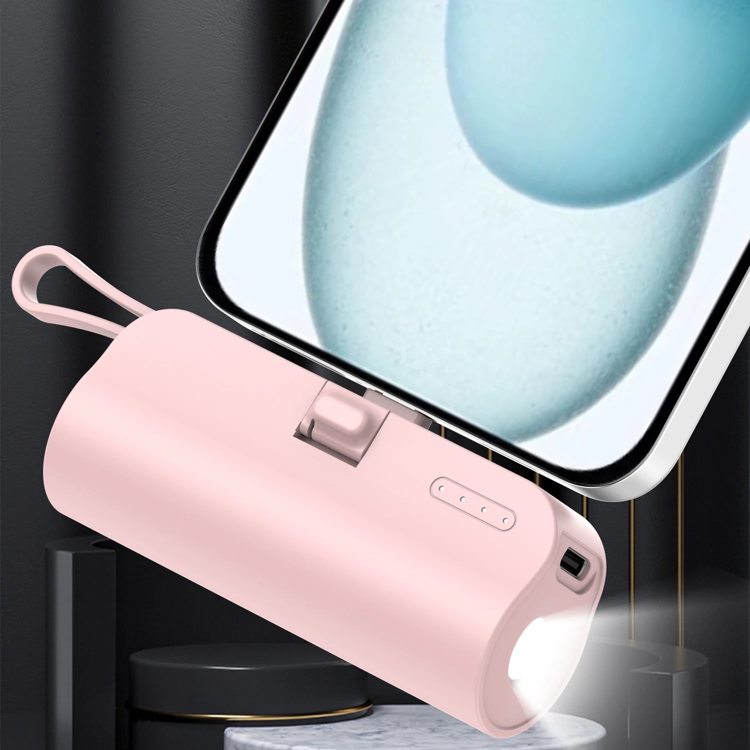 Mini portable 5000mAh power bank with built-in cable charging port, built-in LED lighting lamp, and built-in stand function