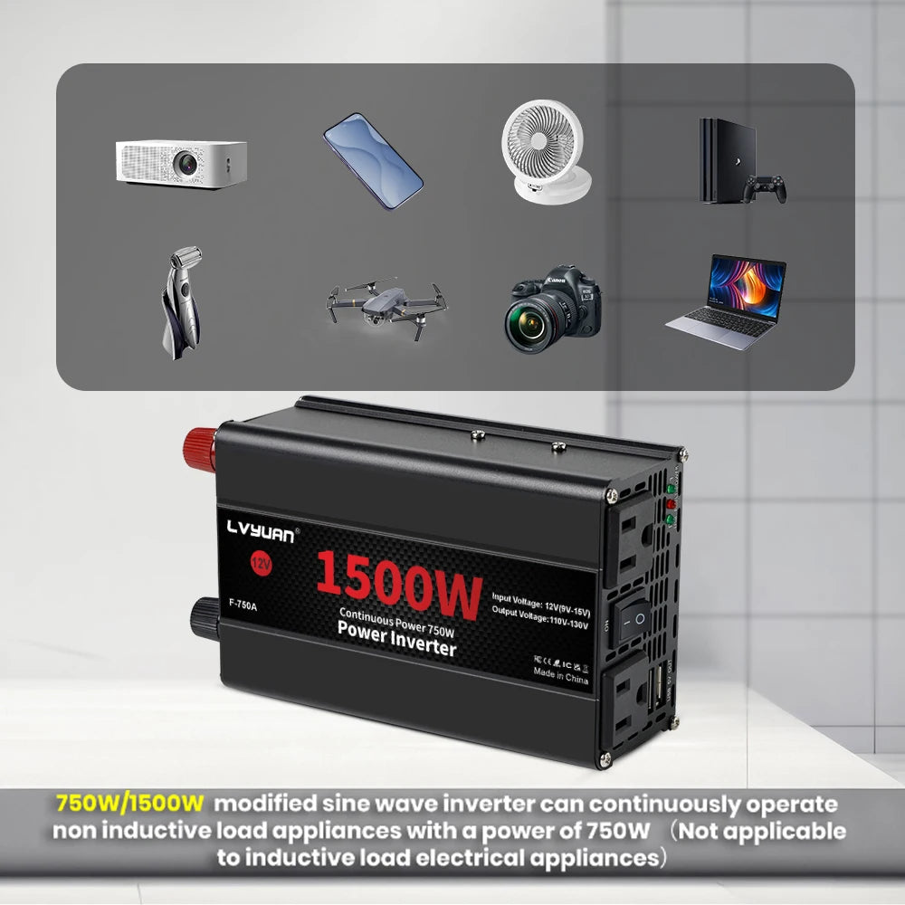 Car Power Inverter 1500W 2000W 2600W 6000W DC 12V To AC 120V Transformer with Dual Socket Charge,2×3.1A USB Port.
